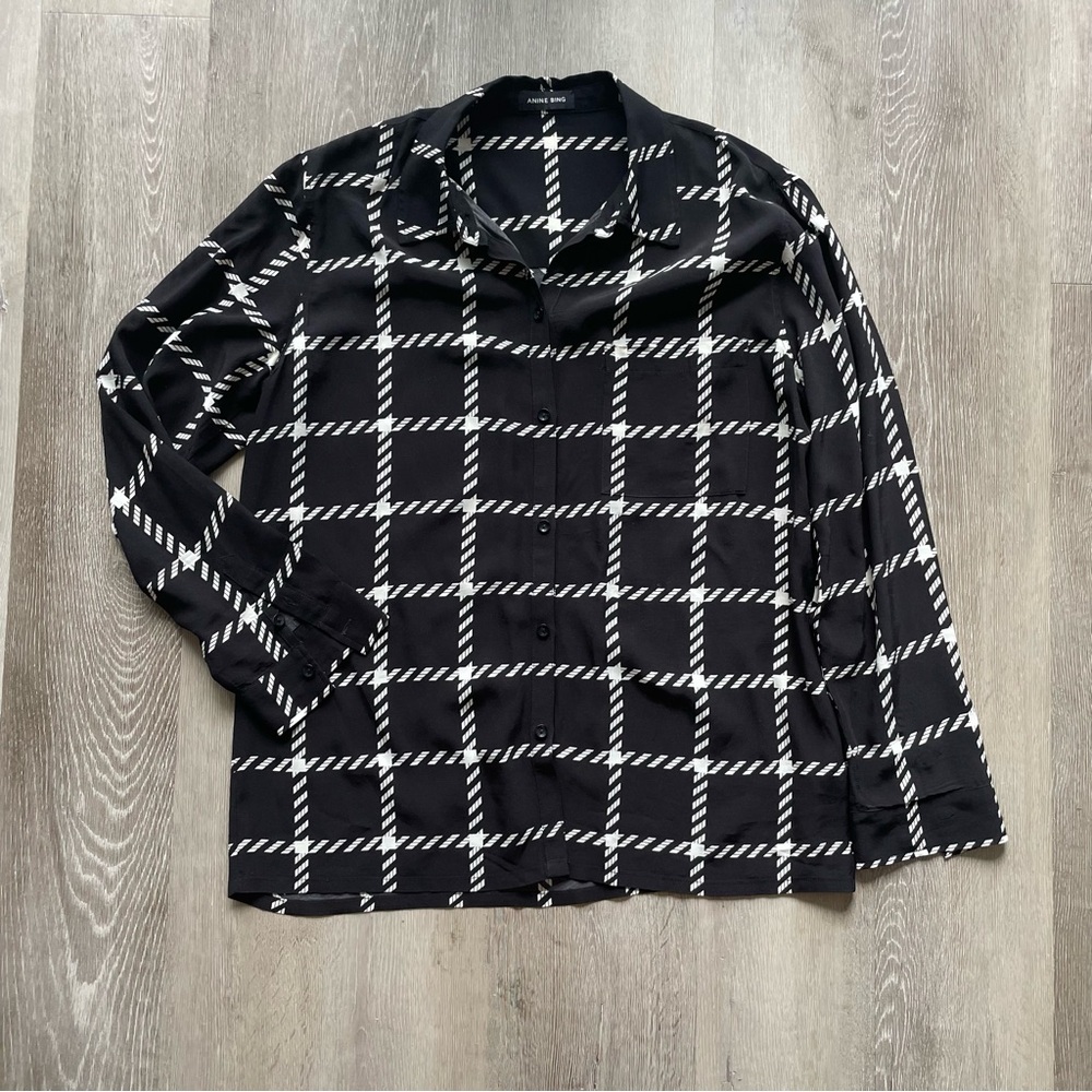 Anine Bing Aspen Shirt in Black and White Plaid Button Up Long Sleeve